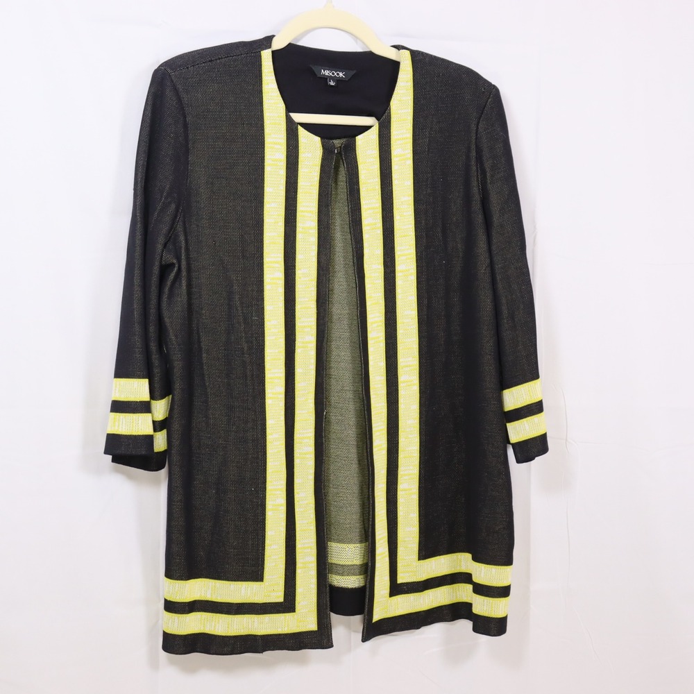 Misook Knit Cardigan Jacket Large Black Yellow Women Open Front Metallic Shimmer